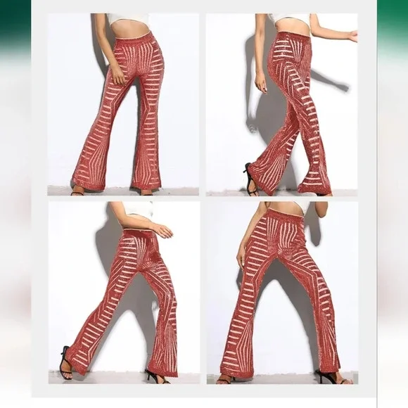 BLENCOT - Women's Glitter Sequin Wide Leg Palazzo High Waist Bell Bottoms - Picture 2 of 3